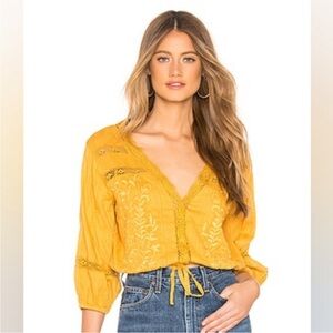 Free People Yellow Embroidered V-Neck Blouse